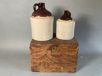 A Fantastic Old Box And 2 Brown Topped Crocks