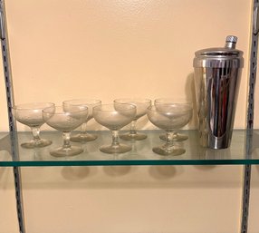 Vintage Cocktail Shaker And Set Of Gimlet Glassware