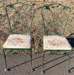 Vintage Matching Pair Iron Dining Occasional Chairs - Leaf & Flourish - Green - Porch - Patio - Garden