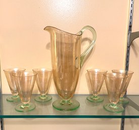 Vintage Pitcher And 6 Glasses In Orange And Green