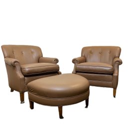 A Pair Of  Gorgeous Leather-  Newly Upholstered - Petite Club Chairs And Ottoman - Vintage MCM