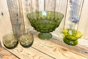 Vintage Hazel Atlas Olive Green Thumbprint Pedestal Bowl  And Other Green Glass