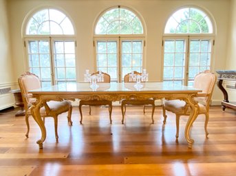 7' Ft French Carved Dining Table With Six Velvet Arm Chairs