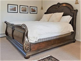 Traditional Sleigh Bed W Brown Tufted Leather? Headboard With Nail Head Detailing And Detailed Carving