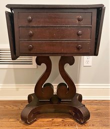 Antique Empire Drop Leaf Mahogany Side Table With Three Drawers