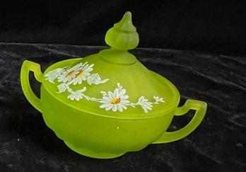 Westmoreland Glass Frosted Green Satin Mist HP Daisy Candy Dish