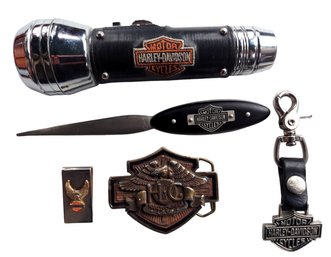 Group Of Harley Davidson Related Items Belt Buckle Flashlight Letter Opener Key Chain Money Clip