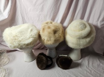 Vintage Winter Designer Headwear 3 Beautiful Fur Hats And Two Mink Ear Warmers