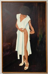 Vintage 1982 Oil On Canvas Painting - Late Disco Era Lady With Slit In White Dress - Jeff Capestany - 29x45