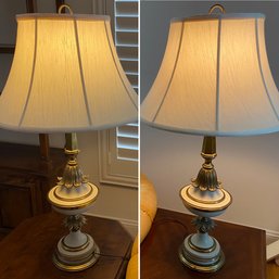 Pair Of Quality Brass And Enamel Lamps With Fabric Shades