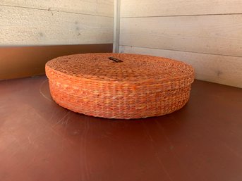 Group Of Large Wicker Placemats In Wicker Lidded Container