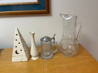 Etched Glass Pitcher, Americas Cup Glass Stein , Vase & Ceramic Pyramid Infuser