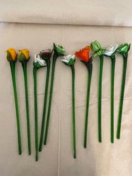 10 Vintage Long Stem Hand Blown Glass Floral Bouquets