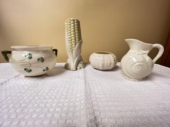 Belleek Lot With Corn Husk, Milk Pitcher, Sugar Bowl, Shamrock 2 Handled Pot