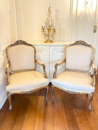 Pair French 19th C Carved Side Chairs In Striped Silk Upholstery