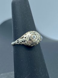 Antique Solitaire Diamond & Filigree 14k White Gold Ring