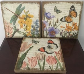 Trio Of Prints On Burlap, Dragonfly, Butterflies & Flowers