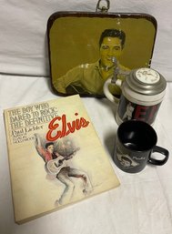 Lot Of Elvis Memorabilia, Wooden Plaque, Book And Two Mugs