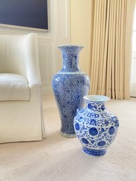 Two Tozai Large Decorative Blue & White Ceramic Jardiniere & Vase