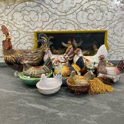 The Rooster Is In The Hen House Collection Of Lidded Ceramic Chicken Dishes And Tray