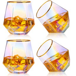 Set Of Four 10oz Old Fashioned Diamond Whiskey Glasses With Gold Band