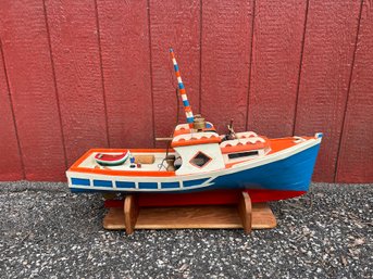 Vintage Wooden Painted Model Boat With Display Stand