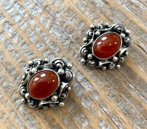 Vintage Italian 800 Silver And Carnelian Clip Earrings