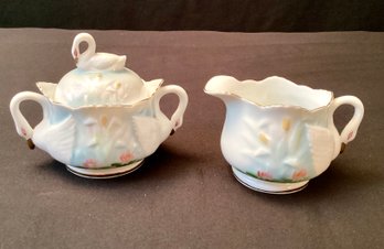 Charming Creamer And Sugar With Swan Handles And Lid