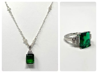 Simulated Emerald And Sterling Silver Necklace And Ring