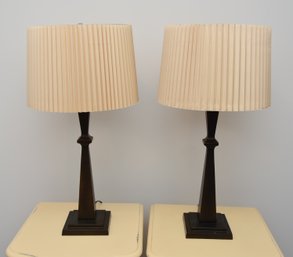 Pair Of Brutalist Black Metal Lamps With Pleated Shades