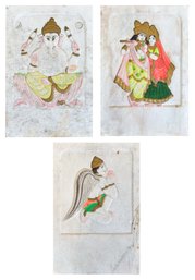 (3) Hand Painted Marble Artworks Depicting Hindu Gods Radha Krishna, Lord Ganesa And Garuda Vahana