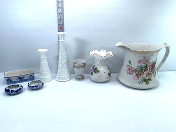 Dresden Pitcher - Milk Glass Bud Vases - Egg Cup -Fenton Hand Painted Vase