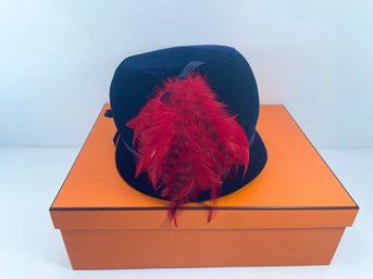 Blue Velvet With Red Feather Accents . Union Made . Vintage