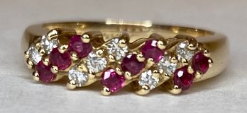 14K Art Carved Ring -  .20 TW - 8 Diamonds & 8 Light Ruby Or Pink Sapphire - Size 6.5