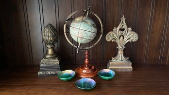 Terrestrial Armillary Globe 12'' ,Green Dichroic Glass Bowls  , Fleur De Lis Doorstop 10.5 , Artichoke Statue