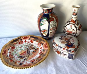 Spode Feldsper  Plate And Asian Influenced Vases And Heart Shaped Trinket Box