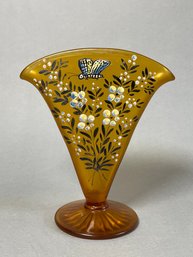 A Vintage Handpainted Amber Glass Fan Vase