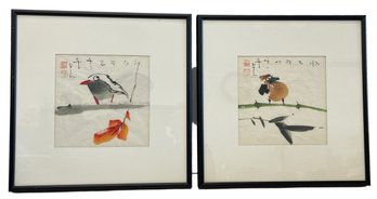 Pair Of Newly Framed Chinese Watercolor Bird Paintings On Rice Paper