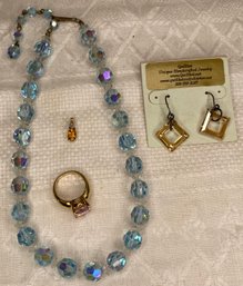 Lot Glass Jewelry: Handcrafted Earrings, Blue Coker Necklace, Pink Gold Tone 925 Ring, Gold Wash 925 Pendant