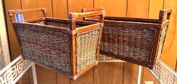 Two Wood And Rattan Rectangular Baskets