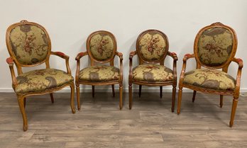 Four Gorgeous Carved Wood Paisley Upholstered Arm Chairs