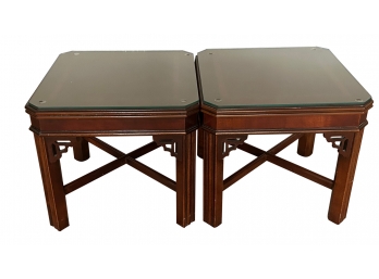 MCM Pair Of Altavista Virginia LANE Mahogany Inlaid Chippendale Style Short End Side Tables Beveled Glass Tops
