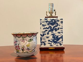 Blue And White Asian Table Lamp And Hand Enameled Planter With Tray