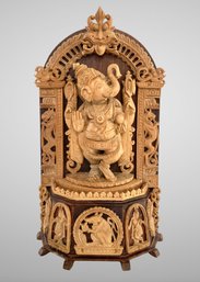 14' Tall Lord Ganesha Standing Under An Arch Sandalwood Hand Carved Sculpture