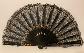 Vintage Victorian Black Ebony & Lace Folding Hand Fan, 16 Stick.