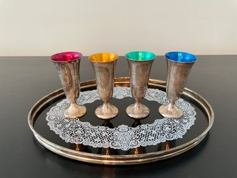 Vintage Gorham Sterling Silver Colored Enameled Cordial Cups & Sterling Rim Glass Tray