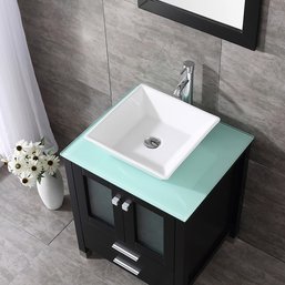 Black 24' Bathroom Vanity, Sink, Faucet & Mirror Combo Wood Cabinet With Square Vessel Sink