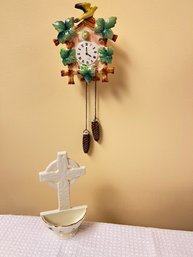 Lefton Decorative Painted China Cuckoo Clock And Wall Font