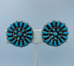 Signed Native American Zuni Sterling Silver & Turquoise Earrings