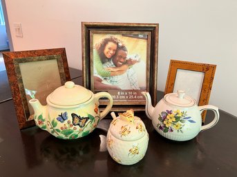 Teapots And Honey Pot, With Frames For Family Memories